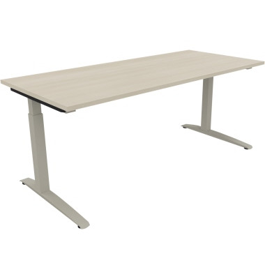 Schreibtisch All in One, manuell höhenverstellbar, 65-85cm (H), 180x80cm (BxT), rechteckig, akazie hell / silberaluminium