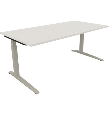 Schreibtisch All in One, manuell höhenverstellbar, 65-85cm (H), 180x90cm (BxT), rechteckig, weiß / silberaluminium