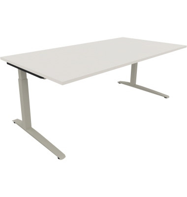 Schreibtisch All in One, manuell höhenverstellbar, 65-85cm (H), 200x100cm (BxT), rechteckig, weiß / silberaluminium