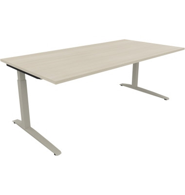 Schreibtisch All in One, manuell höhenverstellbar, 65-85cm (H), 200x100cm (BxT), rechteckig, akazie hell / silberaluminium
