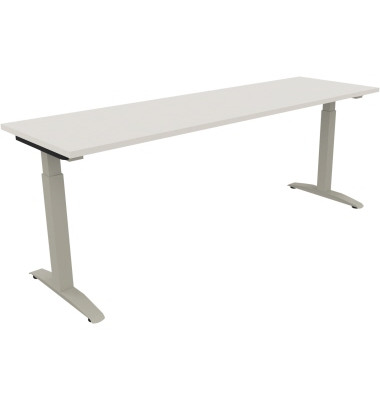 Schreibtisch All in One, manuell höhenverstellbar, 65-85cm (H), 200x60cm (BxT), rechteckig, weiß / silberaluminium