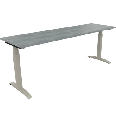 Schreibtisch All in One, manuell höhenverstellbar, 65-85cm (H), 200x60cm (BxT), rechteckig, beton hell / silberaluminium Schreibtisch All in One, manuell höhenverstellbar, 65-85cm (H), 200x60cm (BxT), rechteckig, beton hell / silberaluminium