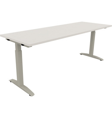 Schreibtisch All in One, manuell höhenverstellbar, 65-85cm (H), 200x70cm (BxT), rechteckig, weiß / silberaluminium