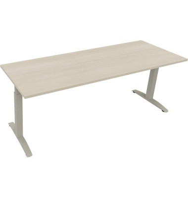 Schreibtisch All in One, manuell höhenverstellbar, 65-85cm (H), 200x70cm (BxT), rechteckig, akazie hell / silberaluminium