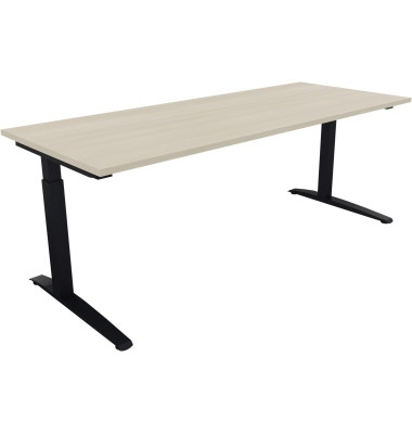 Schreibtisch All in One, manuell höhenverstellbar, 65-85cm (H), 200x80cm (BxT), rechteckig, akazie hell / anthrazit metallic