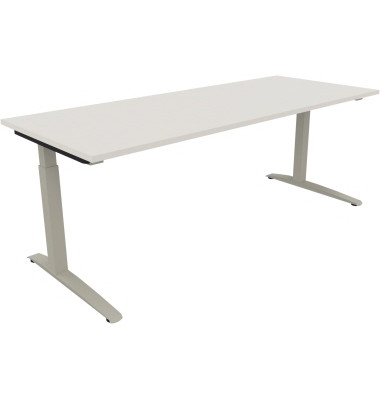 Schreibtisch All in One, manuell höhenverstellbar, 65-85cm (H), 200x80cm (BxT), rechteckig, weiß / silberaluminium Schreibtisch All in One, manuell höhenverstellbar, 65-85cm (H), 200x80cm (BxT), rechteckig, weiß / silberaluminium