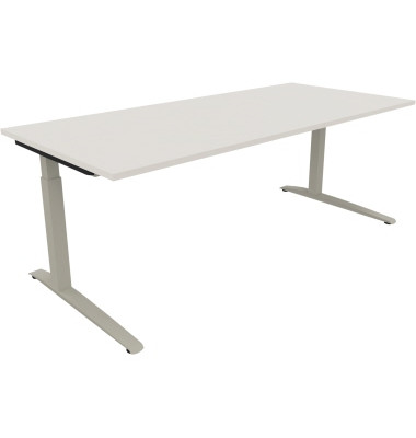 Schreibtisch All in One, manuell höhenverstellbar, 65-85cm (H), 200x90cm (BxT), rechteckig, weiß / silberaluminium