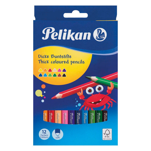 10 Stück Pelikan Buntstifte Dick BSD12DN, 724039, 12-farbig sortiert, dreikant, Packung 4012700724038 Pelikan 12 Stück