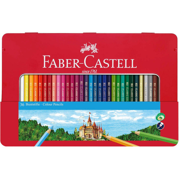 4 Stück Faber-Castell Buntstifte-Set Classic, 115886, farbig sortiert, sechskant, Etui  Metall 8991761324011 Faber-Castell 36 Stück