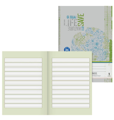 Schulheft 10-4518101 Recycling, Lineatur 1 / Schreiblern-Lineatur, A5, 80g, grau/grün, 16 Blatt / 32 Seiten