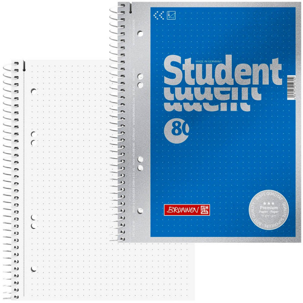 Brunnen Collegeblock 10-67157 Student Premium, punktiert / punktkariert ohne Rand, A5, 90g, blau, 80 Blatt 4061947019704 Brunnen