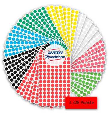 AVERY Zweckform Klebepunkte 59994 schwarz, rot, blau, grün, gelb, weiß,  leuchtrot, leuchtgrün Ø 8,0 mm - Bürobedarf Thüringen