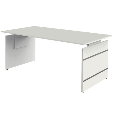 Schreibtisch, manuell höhenverstellbar, 68-76cm (H), 180x80cm (BxT), rechteckig, weiß / weiß/mit alusilbernen Applikationen Schreibtisch, manuell höhenverstellbar, 68-76cm (H), 180x80cm (BxT), rechteckig, weiß / weiß/mit alusilbernen Applikationen