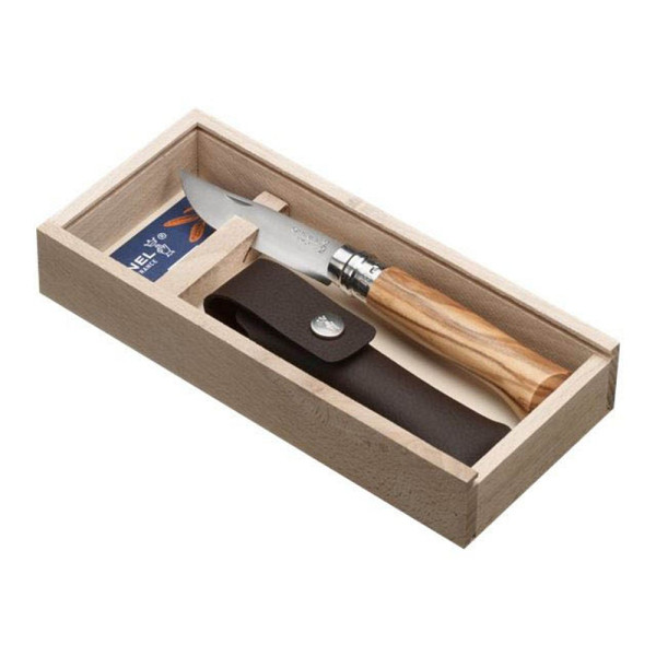 OPINEL No. 8 Geschenk-Set Olivenholz - Taschenmesser mit Kunstleder-Etui