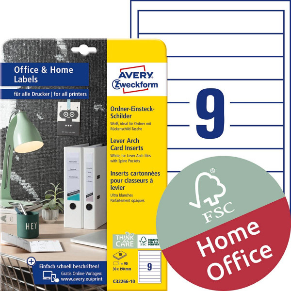 4004182085110 - AVERY Zweckform C32266-10 Ordneretiketten DIN A4 Weiß 30 x 190 mm 10 Blatt à 9 Etiketten