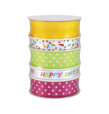 Geschenkband Geburtstag 9510515-011, Happy-Birthday-Schriftzug & Konfetti, 2x mit Punkten, 15mm/25mm x 3m, farbig sortiert Geschenkband Geburtstag 9510515-011, Happy-Birthday-Schriftzug & Konfetti, 2x mit Punkten, 15mm/25mm x 3m, farbig sortiert