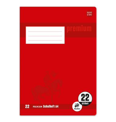 Schulheft 734010322 Premium, Lineatur 22 / kariert, A4, 90g, rot, 16 Blatt / 32 Seiten