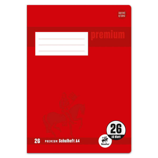 5 Stück Staufen Schulheft 734010326 Premium, Lineatur 26 / kariert mit weißem Rand / keine, A4, 90g, rot, 16 Blatt / 32 Seiten 4006050103261 Sta