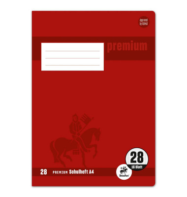 Schulheft 734010328 Premium, Lineatur 28 / kariert mit Rand innen/außen, A4, 90g, rot, 16 Blatt / 32 Seiten
