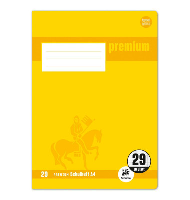 Schulheft 734010329 Premium, Lineatur 29 / rautiert mit Rand innen/außen, A4, 90g, gelb, 16 Blatt / 32 Seiten