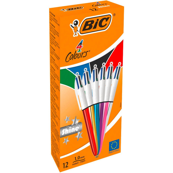 Bic Vierfarbkugelschreiber 4 Colours Shine 964775, blau / schwarz / rot / grün, 0,4mm, nachfüllbar 3086123537637 Bic 12 Stück