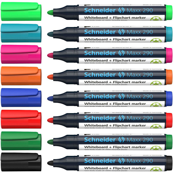 Schneider Whiteboardmarker Maxx 290, 129098, Packung, orange,rot,pink,blau,hellblau,grün,hellgrün,schwarz, 2-3mm Rundspitze 4004675145598  8 Stück