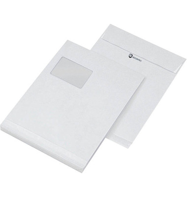 Faltentaschen Securitex 30004337, oben offen, C4, mit Fenster, 50mm-Falte, haftklebend, 130g, weiß