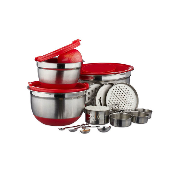 4052025247188 - Küchen Set 17-tlg Messlöffel & us Cups antirutsch Rührschüssel Deckel mit Spritzschutz Reibe silber rot - Relaxdays 4052025247188 - Küchen Set 17-tlg Messlöffel & us Cups antirutsch Rührschüssel Deckel mit Spritzschutz Reibe silber rot - Relaxdays