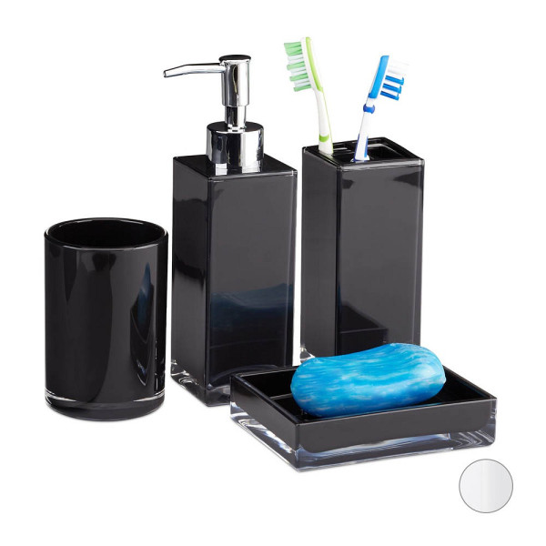 4052025952389 - Badaccessoires Set 4-teilig modern Zahnputzbecher Zahnbürstenhalter Seifenspender Seifenschale schwarz - Relaxdays 4052025952389 - Badaccessoires Set 4-teilig modern Zahnputzbecher Zahnbürstenhalter Seifenspender Seifenschale schwarz - Relaxdays