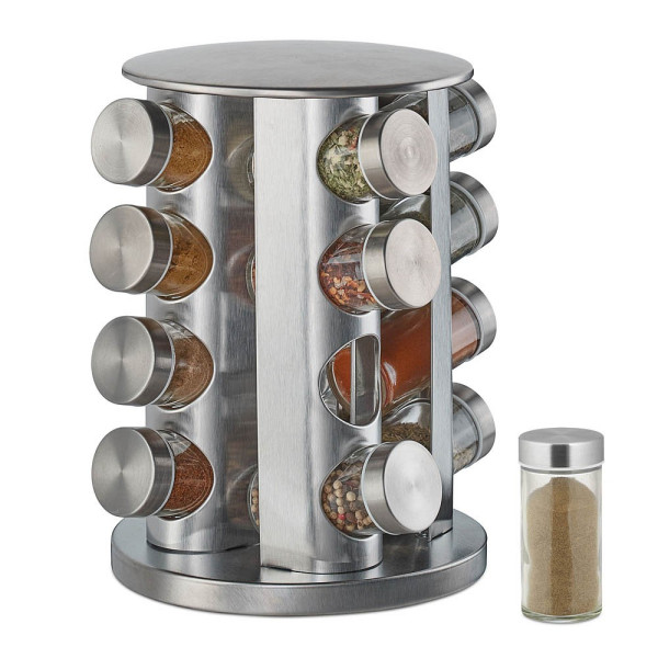 4052025327262 - Relaxdays Gewürzkarussell mit 16 Gewürzgläsern 360° drehbar Edelstahl Glas HxD 28 x 22 cm Gewürzregal rund silber 4052025327262 - Relaxdays Gewürzkarussell mit 16 Gewürzgläsern 360° drehbar Edelstahl Glas HxD 28 x 22 cm Gewürzregal rund silber