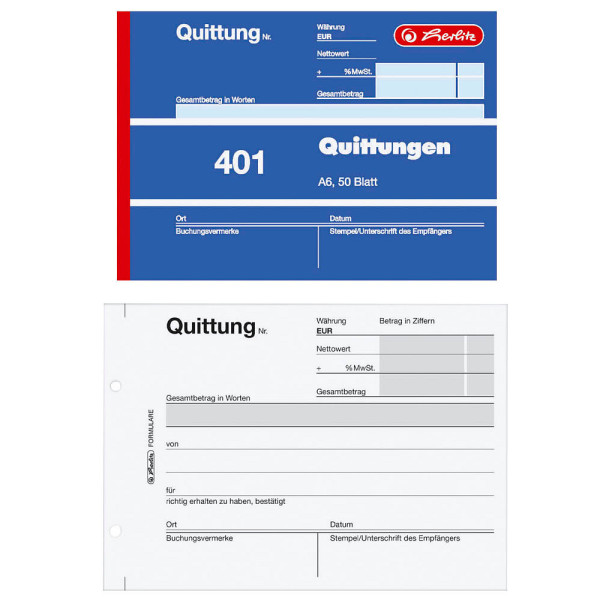 10 Stück Herlitz Formularbuch 401 Quittung, MwSt. separat ausgewiesen 4008110886602 Herlitz
