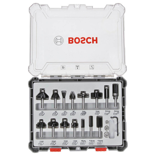 3165140958035 - - Bosch Mixed Fräser Set 8 mm 15 tlg + Koffer ( 2607017472 ) für Oberfräsen mit Rundschaft