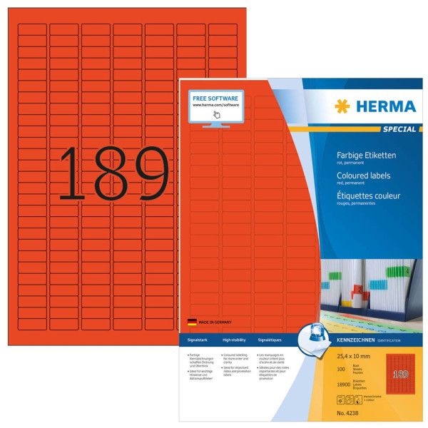 4008705042383 - HERMA Farbige Etiketten 4238 Rot Rechteckig 25 x 10 mm 100 Blatt à 14 Etiketten