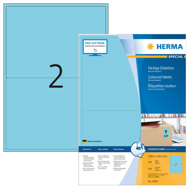 4008705045681 - HERMA Farbige Multifunktionsetiketten 4568 Blau Rechteckig 199 x 143 mm 100 Blatt à 2 Etiketten