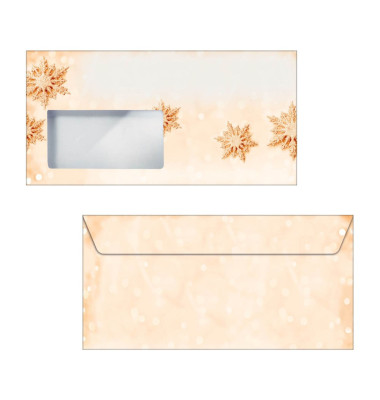 50 Weihnachtsbriefumschläge Golden Snowflakes DIN lang mit Fenster