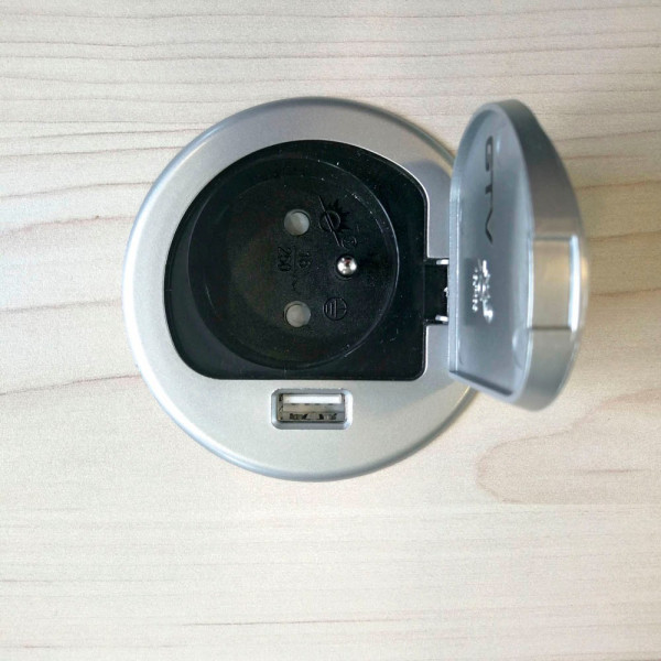 4044917437357 - Tischsteckdose 1-fach + USB silber schwarz Montage mittig