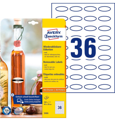 Etiketten 5086, wei&szlig;, 40x20mm, oval