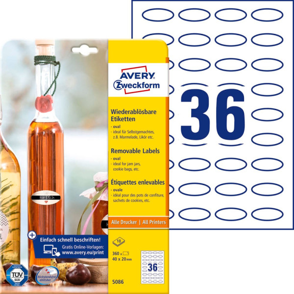 4004182050866 - Avery® Zweckform Etiketten 5086 Format A4 ablösbar druckergeeignet 40 x 20 mm 10 Bogen mit 360 Stück FSC®-Papier oval weiß