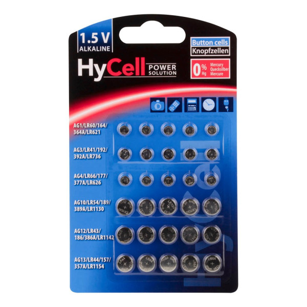 4013674154739 - HyCell Alkaline Knopfzellen-Set LR41 LR43 LR44 LR54 LR60 LR66 (30 Stück) 4013674154739 - HyCell Alkaline Knopfzellen-Set LR41 LR43 LR44 LR54 LR60 LR66 (30 Stück)