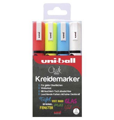 Kreidemarker uni Chalk PWE-5M, 186204, Packung, 4-farbig sortiert, 1-2mm Rundspitze