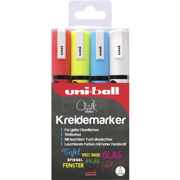 3 Stück uni-ball Kreidemarker uni Chalk PWE-5M, 186204, Packung, 4-farbig sortiert, 1-2mm Rundspitze 3296280046785 uni-ball 4 Stück