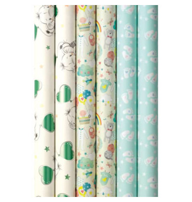 Geschenkpapier Baby 33073 9A9145, sortiert (3 Motive), Baby, 70cm x 2m, farbig sortiert