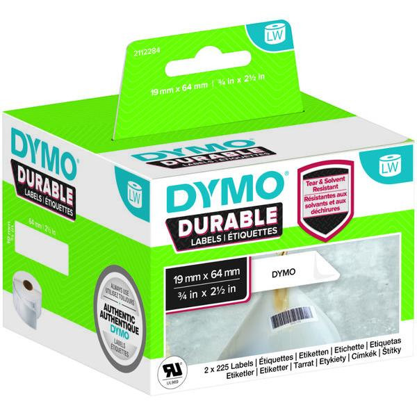 3026981122842 - DYMO Original LabelWiter Hochleistungs-Etiketten | 19 mm x 64 mm | weißes Kunststoff-Etikett | Rolle mit 900 Etiketten | für LabelWriter-Beschriftungsgerät