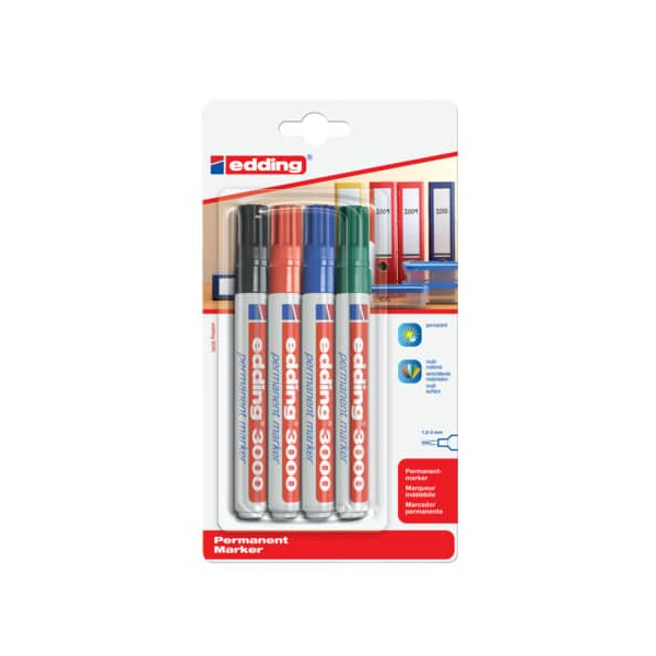 10 Stück Edding Permanentmarker, 4-3000-4-1999, Packung, 4-farbig sortiert, 1,5-3mm Rundspitze 4004764796281 Edding 4 Stück