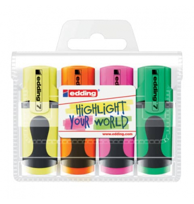 Textmarker Highlighter, 4-7-4, Set, neongelb/neonorange/neonpink/neongr&uuml;n, 1-3mm Keilspitze