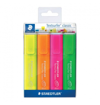 Textmarker Textsurfer classic, 364 P WP4, Etui (4#), farbig sortiert (gr&uuml;n/gelb/orange/pink), 1-5mm Keilspitze