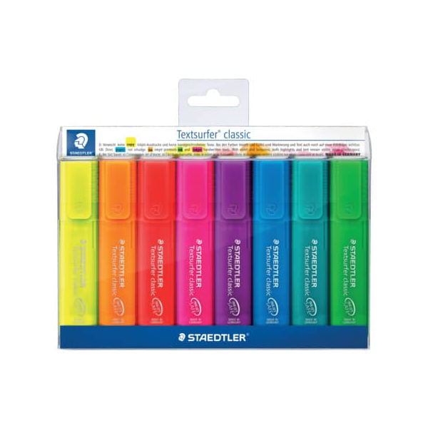 5 Stück Staedtler Textmarker-Set Textsurfer classic, 364 P WP8, Etui, gelb/rot/pink/blau/türkis/orange/grün/violett, 1-5mm Keilspitze 400781736437 8 Stück