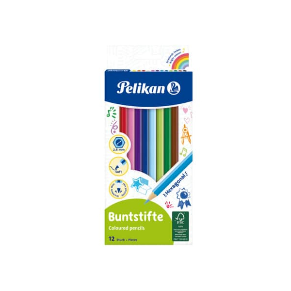 10 Stück Pelikan Farbstifte-Set Standard lang BS12LN, 724005, 12-farbig sortiert, sechskant, Packung 4012700724007 Pelikan 12 Stück