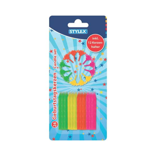 STYLEX® Geburtstagskerzen-Set 36-teilig Kerzen in verschiedenen Farben inkl 12 Kerzenhalter 1 Set = 24 Kerzen + 12 Kerzenhalter