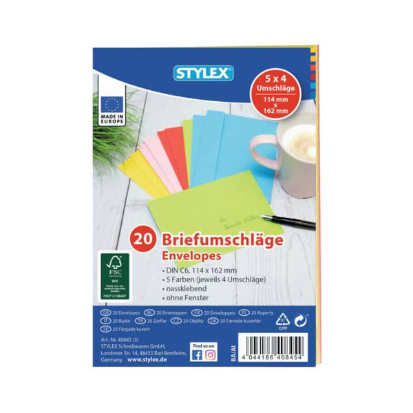 10 Stück Stylex Designbriefumschlag Toppoint 40845, C6, nassklebend, 80g, farbig sortiert 4044186408454 Stylex 20 Stück